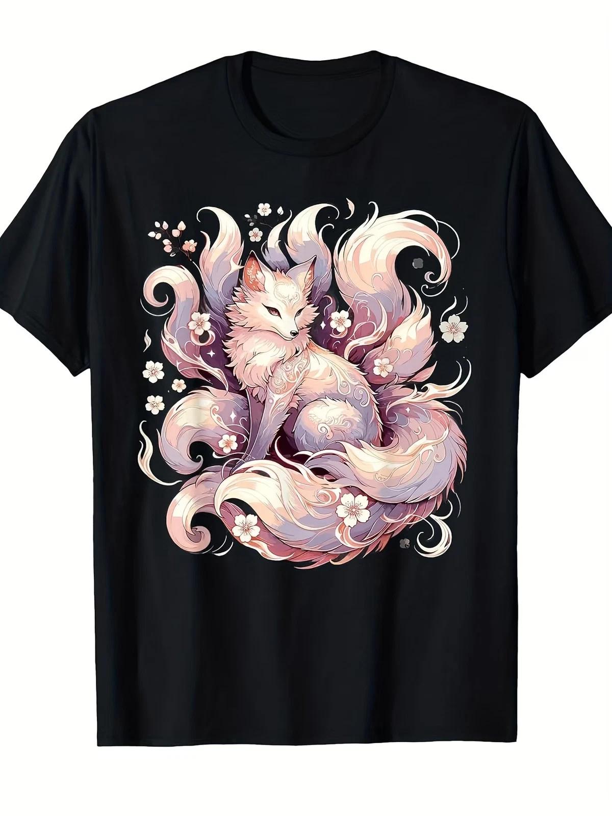 Men s Kitsune (Nine-Tailed Fox) Cherry Blossom T-Shirt - Kyubi Mythical Fox Art, M