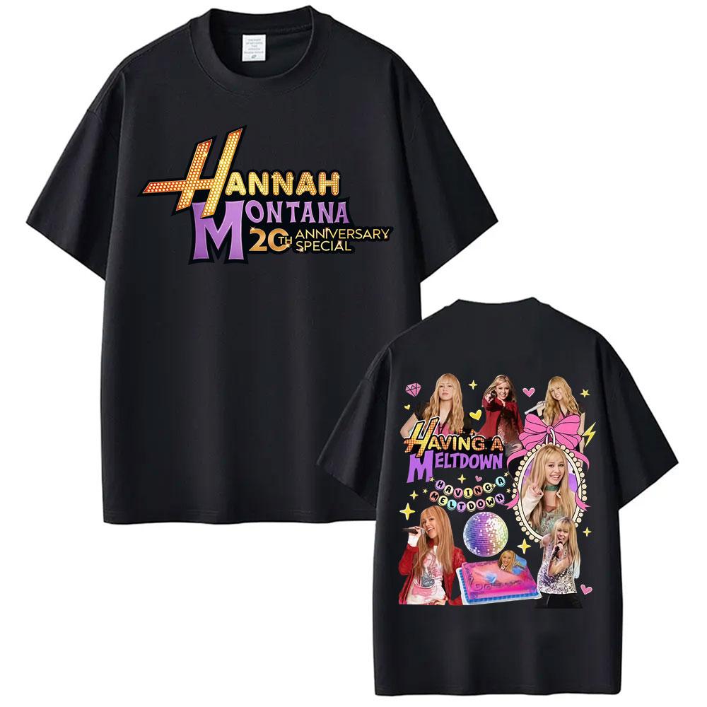 Pop Star Hannah Montana 20Th Anniversary Logo T Shirts Men Women Fashion Hip Hop Vintage Casual High Quality Tshirts Streetwear