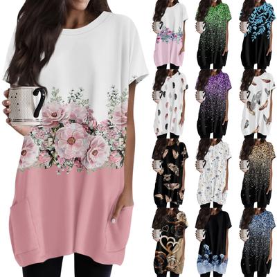 Women'S T Shirt Round Neck Short Sleeves With Pocket Print Regular Fit Tops