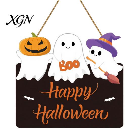Wooden Seasonal Front Porch Ornament Halloween Ghost Door Sign, Cute Ghosts Hanging Wreath, Rustic Happy Kids Room Festive Wall Art Welcome