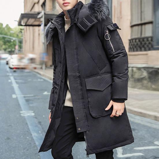 Men Down Jacket Fur Collar Hooded Long Sleeve Solid Color Winter Coat Zipper Placket Pockets Thickened Puffer Outwear