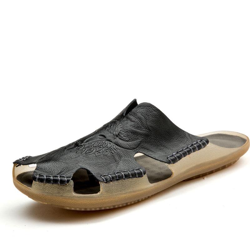 Plus Size Men's Breathable Leather Closed-Toe Sandals - Lightweight One-Strap Casual Beach Shoes