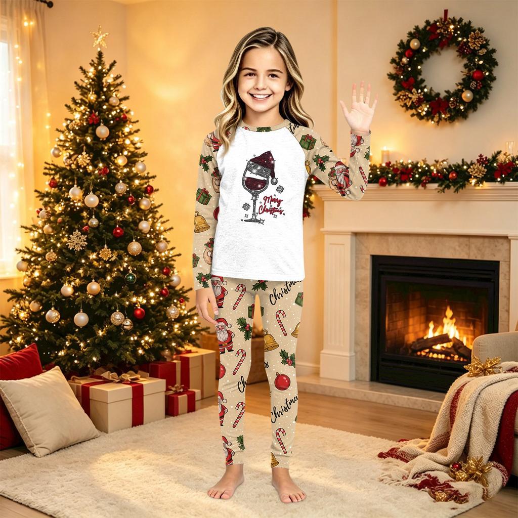 Christmas Family Matching Long Sleeve Pajama Set with Neck Top and Pants for Parents and Kids