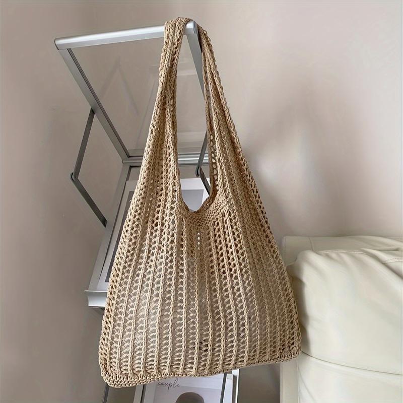 Solid Color Bohemian Knit Tote Bag Large Capacity Hollow Out Crochet for Women Birthday Holiday Gifts