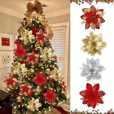 Noel Parıltılı Çiçekler Sahte Çiçek Noel Ağacı Süsleri Ev İçin Kolye Süsleri Navidad Yeni Yıl 2027 Hediye