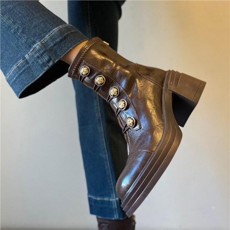 Sheepskin~ High heel 7cm badge Small gold buckle Martin boots Thick sole heightening short boots Women's rear zipper soft sole silent boots