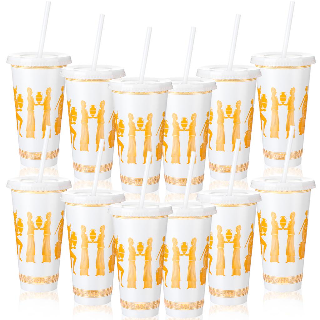 12 Pcs Greek Mythology Cups 24Oz Ancient Greek Tumblers With Lids Straws | 24Oz Toga Plastic Cups Ancient Greece Theme Party Dec