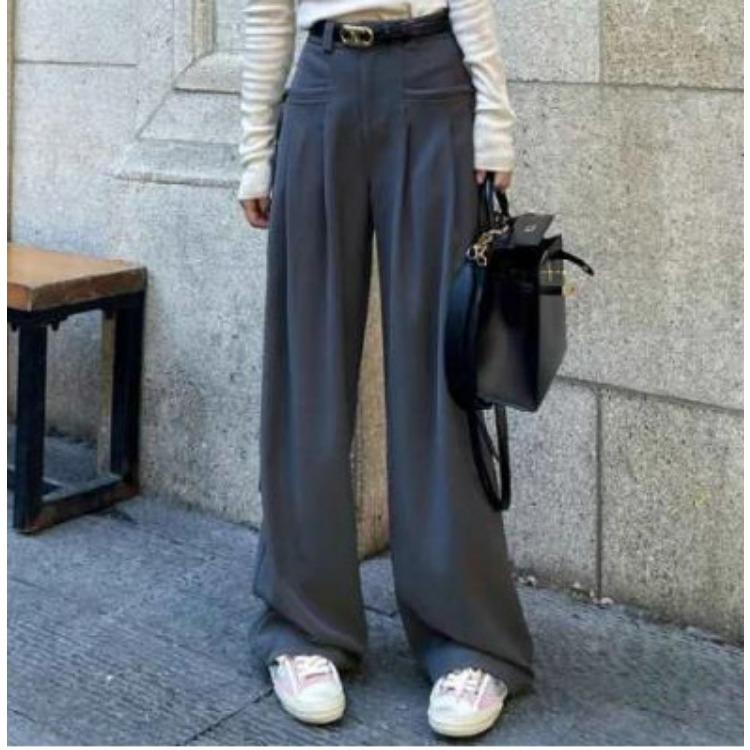 Vintage Style High-waisted Drape Trousers Women Design Sense Side Lacing Fluttering Casual Straight Wide Leg Pants