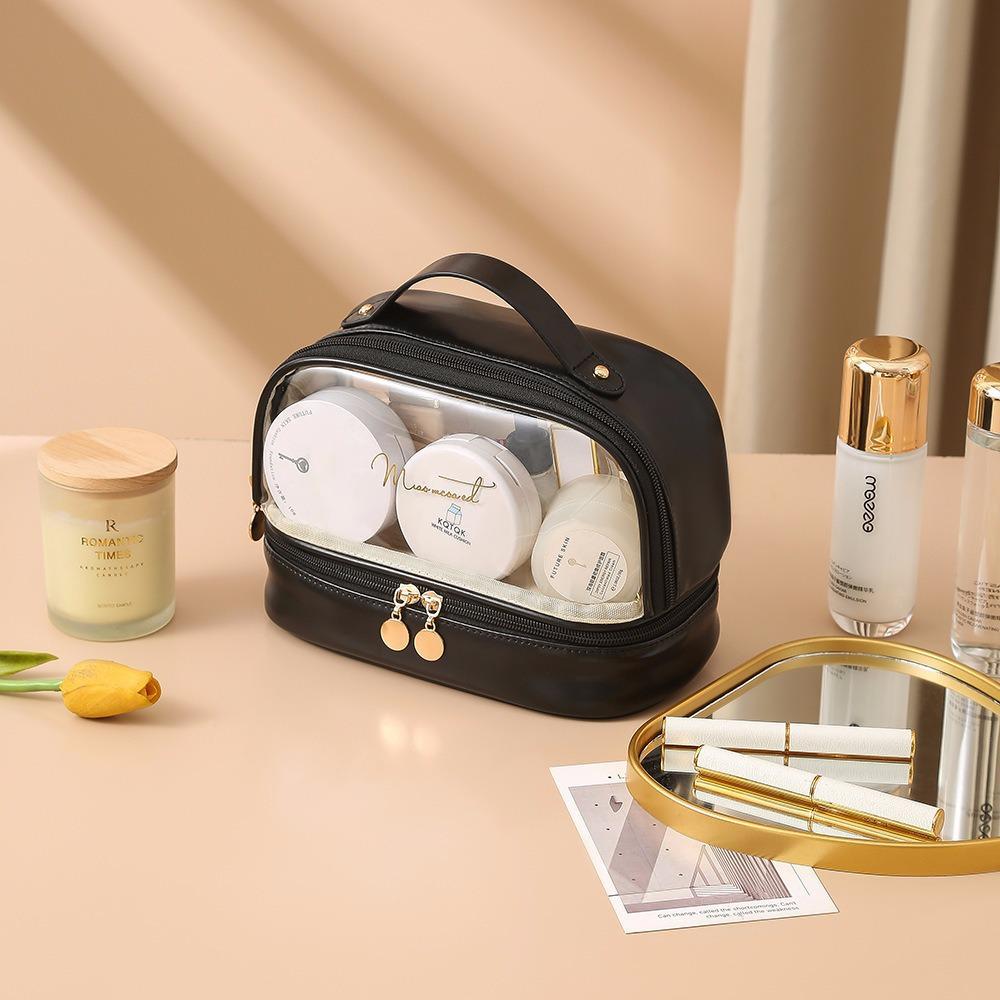 PU Double-Layer Transparent Makeup Bag - Large Capacity, Waterproof, Portable Toiletry Bag for Travel, Multi-Layer Storage