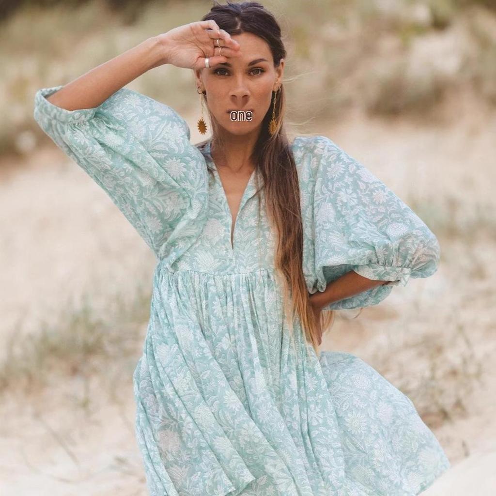 Women's Floral Tie-Back Casual Cotton Dress - Short Sleeve & Loose Fit for Beach Holidays