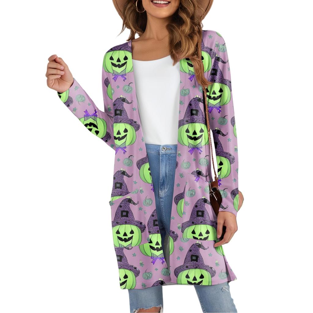 Women's Fashion Casual Comfortable Halloween Printed Mid-Length Cardigan With Pockets Jacket