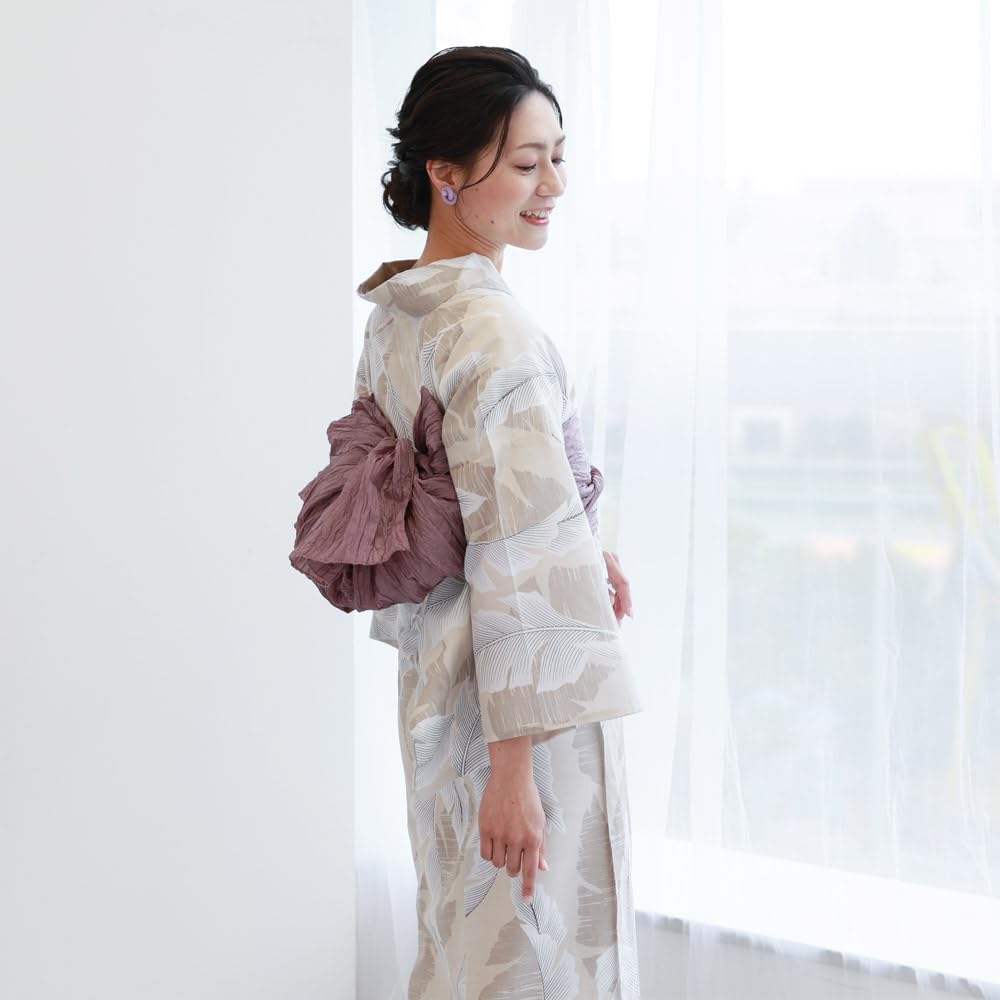 Kimono Yukata Heiko Obi 2 Piece Set Beige Leaf Basho Classic Pattern Mode Retro Yukata [Kyoto Yuzen] (Beige)