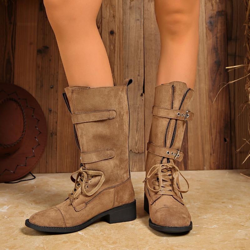 Vintage Pointed Toe Paneled Cow Suede Lace-Up Metal Buckle Zipper Soft Sole Non-Slip Block Heel Boots Mid-Tube Boots