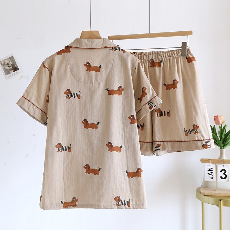 2026 New Summer Couple's Pajama Set 100% Cotton Gauze Cute Women's Short Sleeve Shorts Two Piece Set Home Clothes