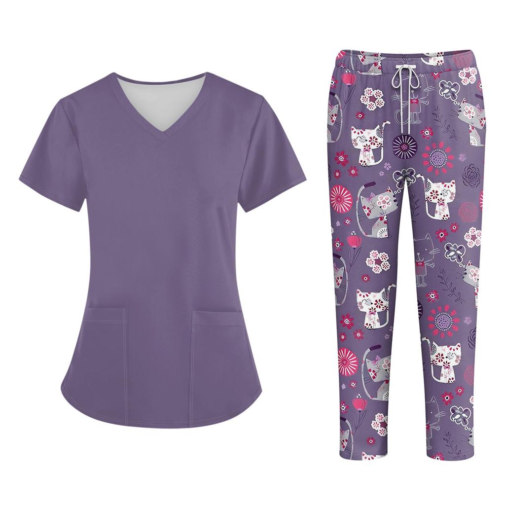 Bedruckte Oberteile für die Arbeitsuniform in Übergröße für Damen, V-Ausschnitt, Halloween-Aufdruck, kurzärmliges Fun-T-Shirt, Workwear-T-Shirt mit Taschen