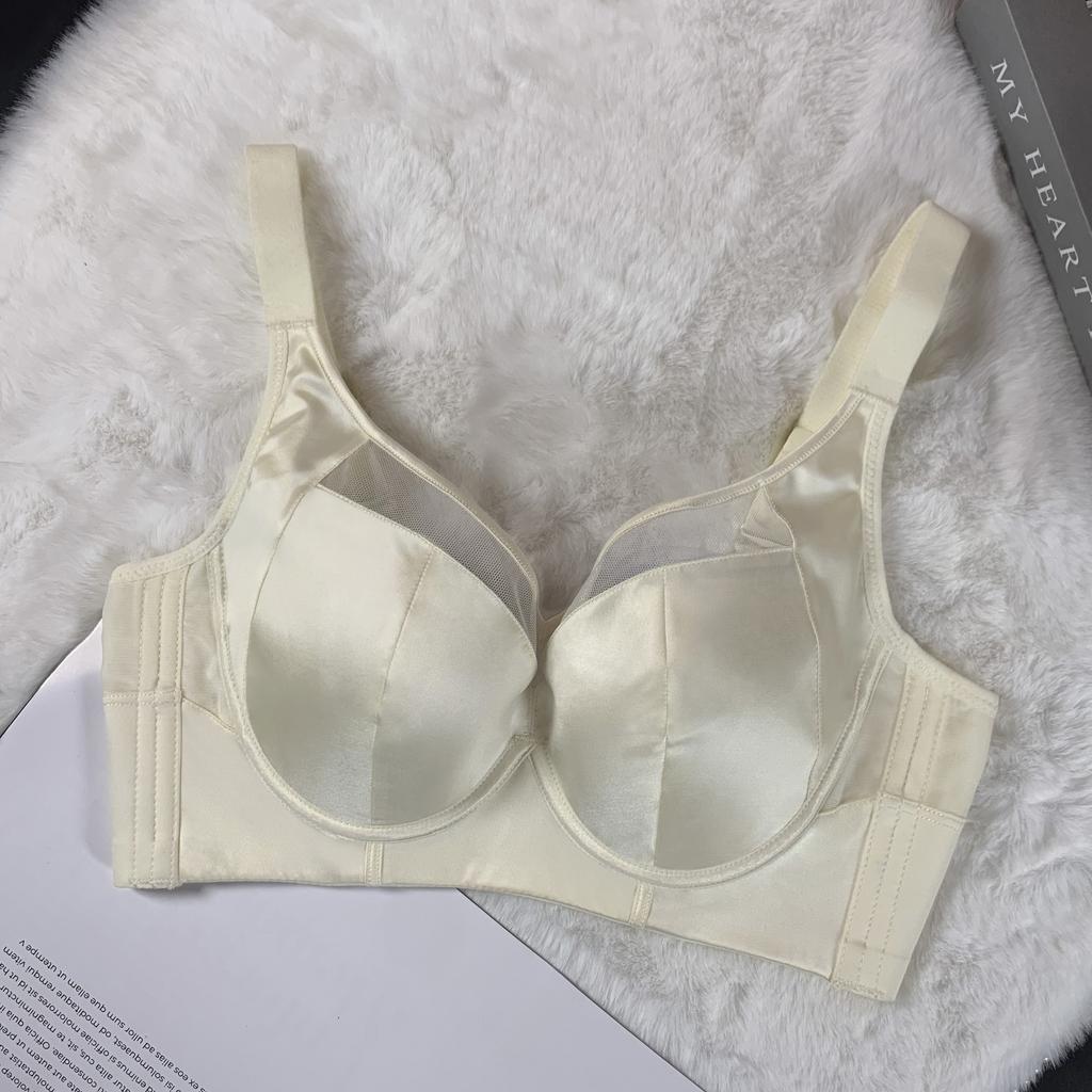 New Satin Underwear Women's Big Breasts Show Small Thin Cup BC Cup Soft Steel Ring Support Gathering Upper Support Bra Cover Women's Autumn and Winter