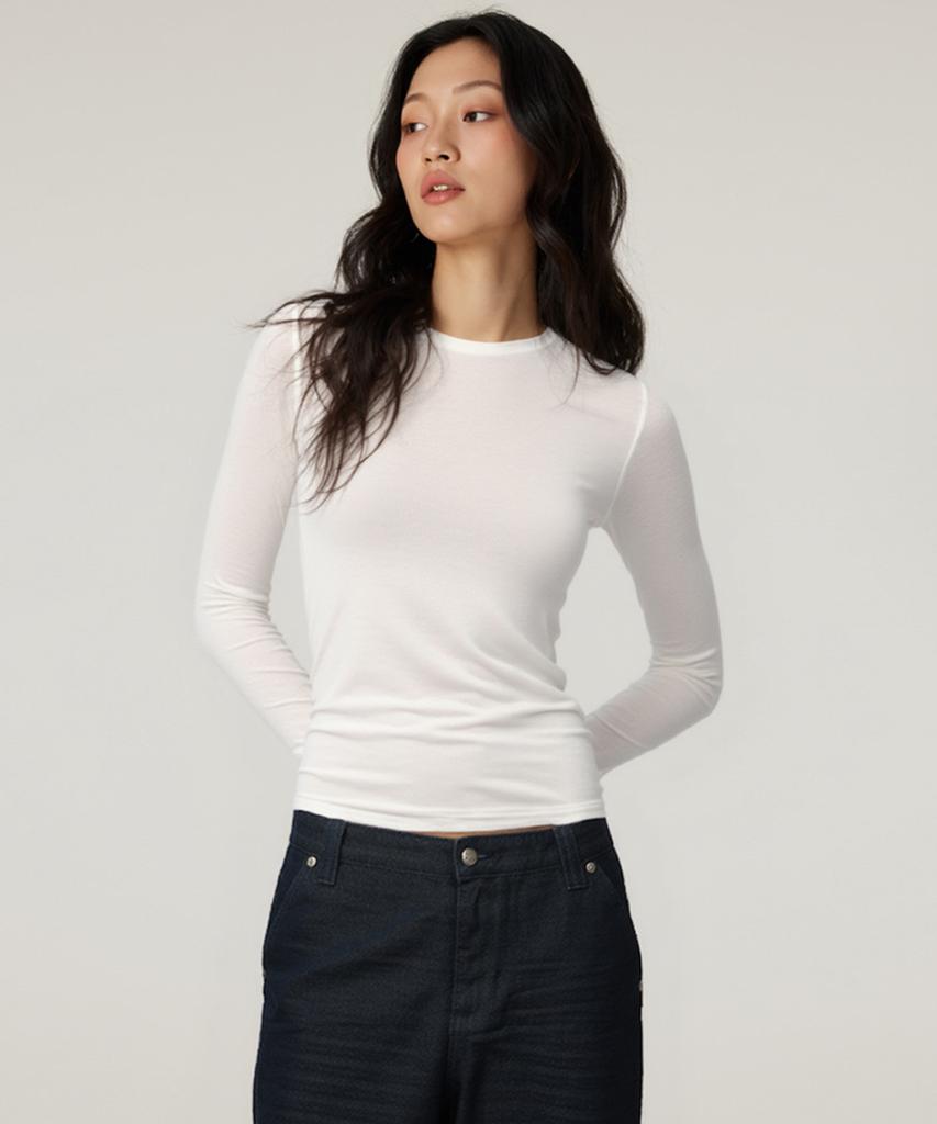 Beoteunseoul [Womens] Wool Blend Tencel Soft Stretch Back Pintuck Long Sleeve T-Shirt (3 Colors)
