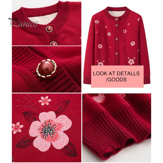 Single-breasted Mother Winter Sweater Coat Flower Print Cardigan Buttons Elastic Keep Women Warm Round Neck Plus Size Grandma Clothing