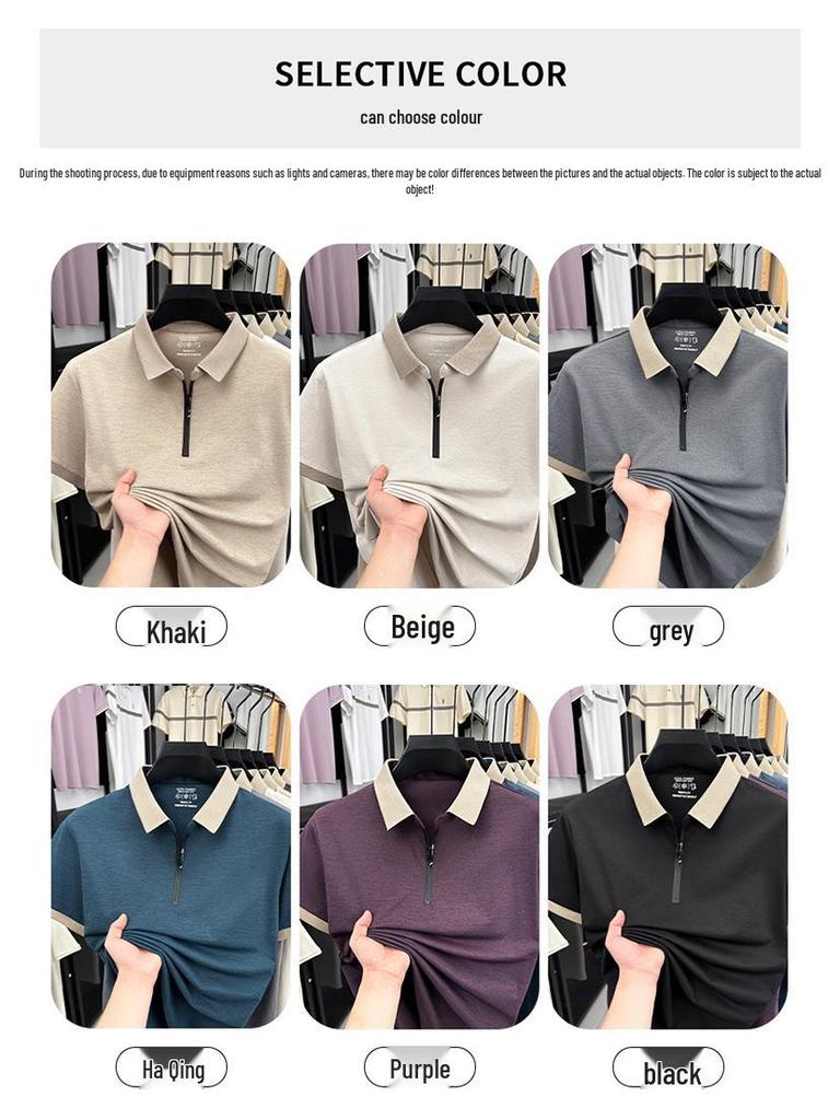 2026 Men's Cool Drape Zipper Polo - Short Sleeve, Elastic, Versatile Lapel T-shirt for Middle-aged & Young.