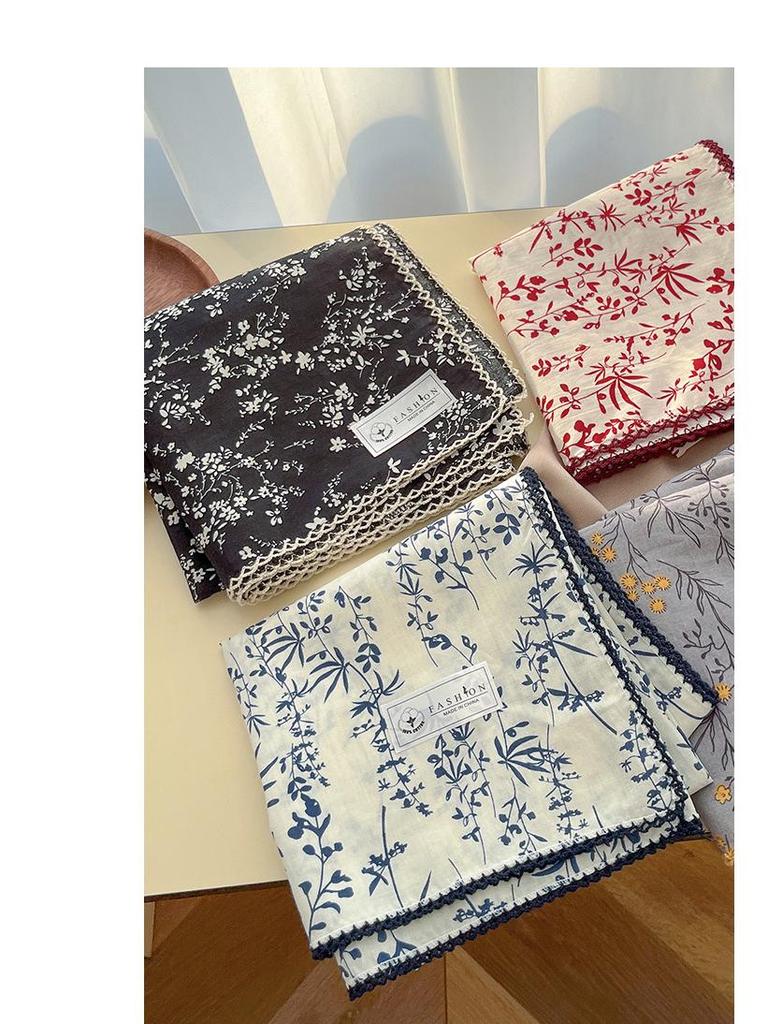 Women's Retro Floral Silk Cotton Scarf: Black Rice Square, Hair Band, Neck Warmer, Headscarf - Spring/Summer.