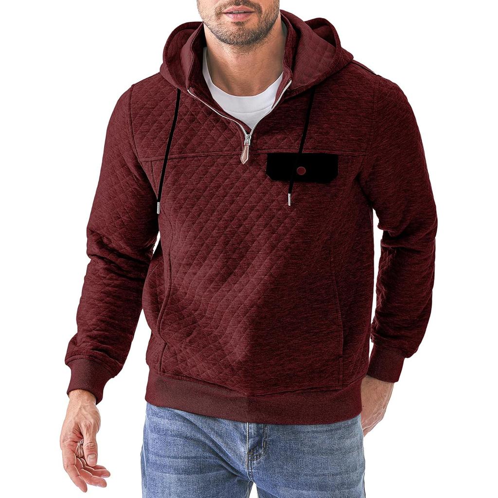 Men's Solid Color Plaid Hooded Sweatshirt Men's Casual Pocket Half Zipper Hooded Sweatshirt