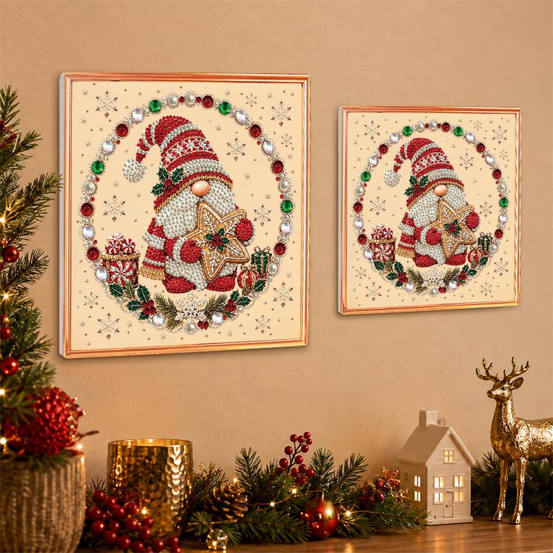 Christmas Gnome Pearl Diamond Painting Kit, PVC Beaded Mosaic Art with Tomte Gnome Star Cookie Candy Gift Box Holly Snowflake Gem Border Pattern, DIY