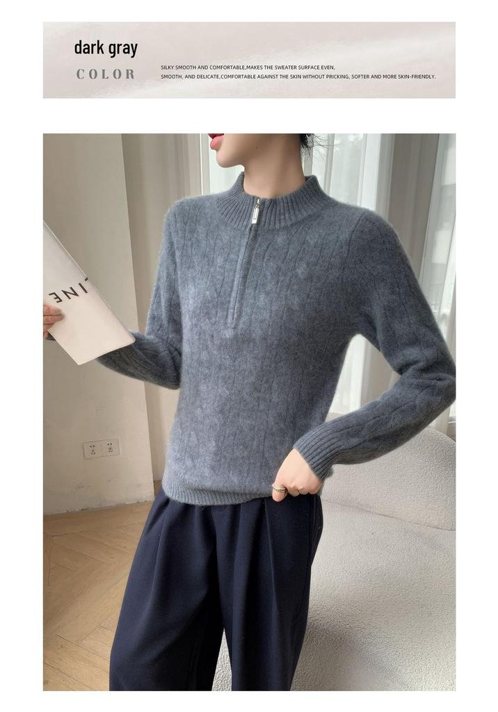 Women's Cashmere Cable Knit Half-Zip Sweater - Loose Fit, Half-High Neck, Solid Color for Autumn & Winter