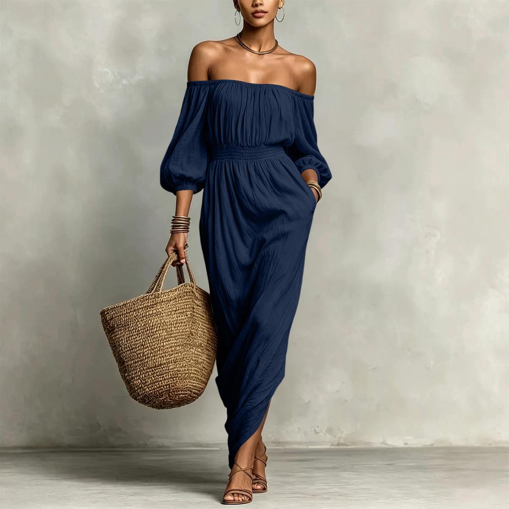 Vestido Casual de Color para Mujer con Hombros Descubiertos para Vacaciones