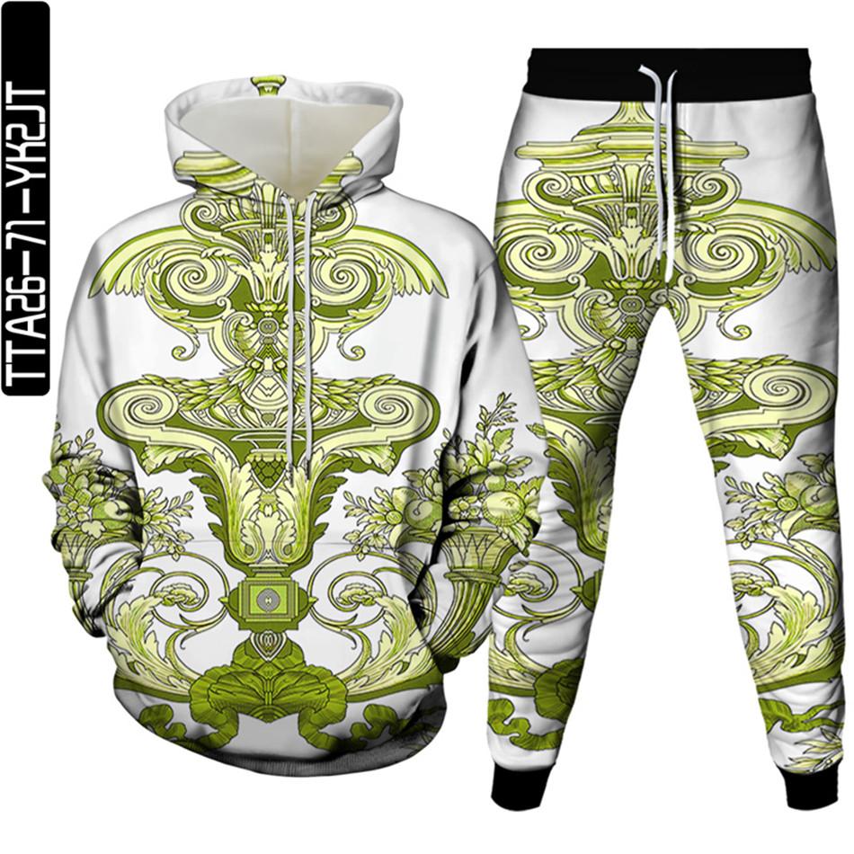 Golden Flowers Male Casual 3D Printed Clothes Sets Luxury Royal Harajuku Autumn Women Hoodies+Trousers 2Pcs Tracksuit Size S-6XL