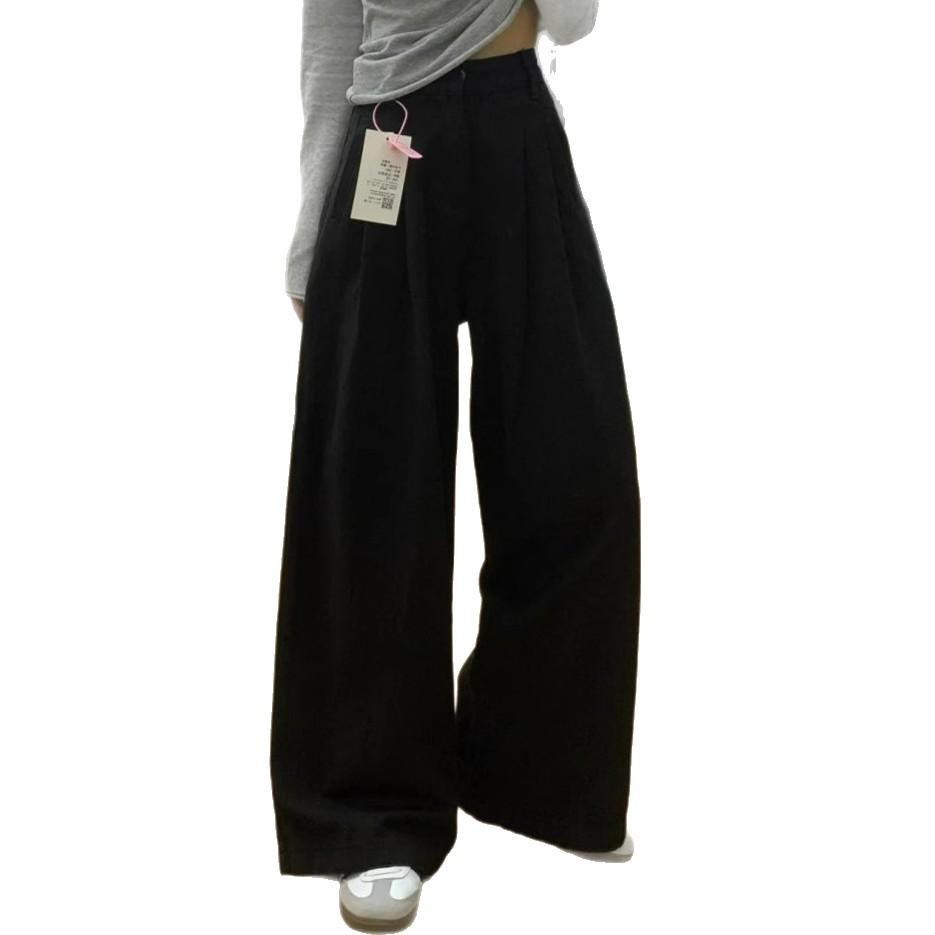 Black Textured Wide Legged Denim Trousers Women Lazy Wind High Waisted Loose Skinny Casual Straight Long Trousers Jeans for Women Long Denim Pants