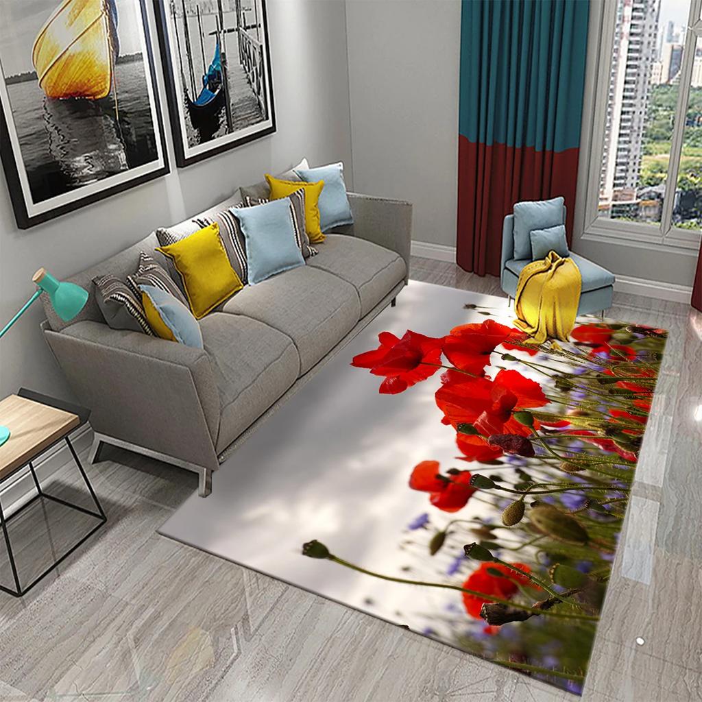 3D Rote Mohnblumen Teppich Romantisches Blumenmeer Teppiche Fußmatte für Badezimmer Küche Eingangsteppiche Schlafzimmer Wohnzimmer Dekor Bereichsteppich