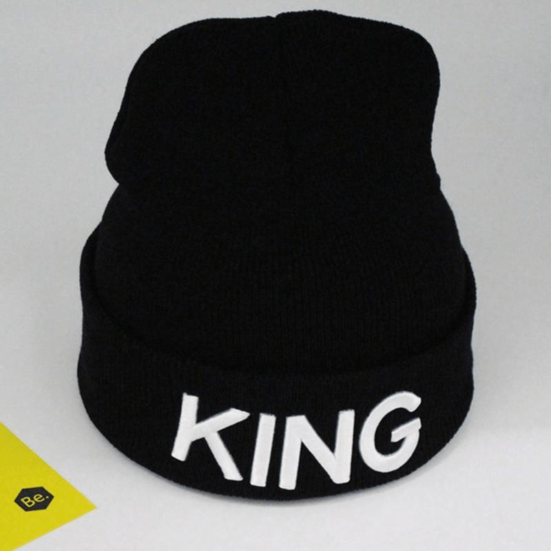 2pcs Black Unisex Knitted Hat With 'queen' And 'king' Embroidery, Ear Protection, Winter Street