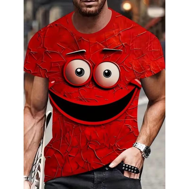 Men's Summer Plus Size Comfortable Casual 3D Unique Expression Printed T-shirt- Soft Medium Stretch Polyester Fabric Summer Mens Relaxed Fit Clothing