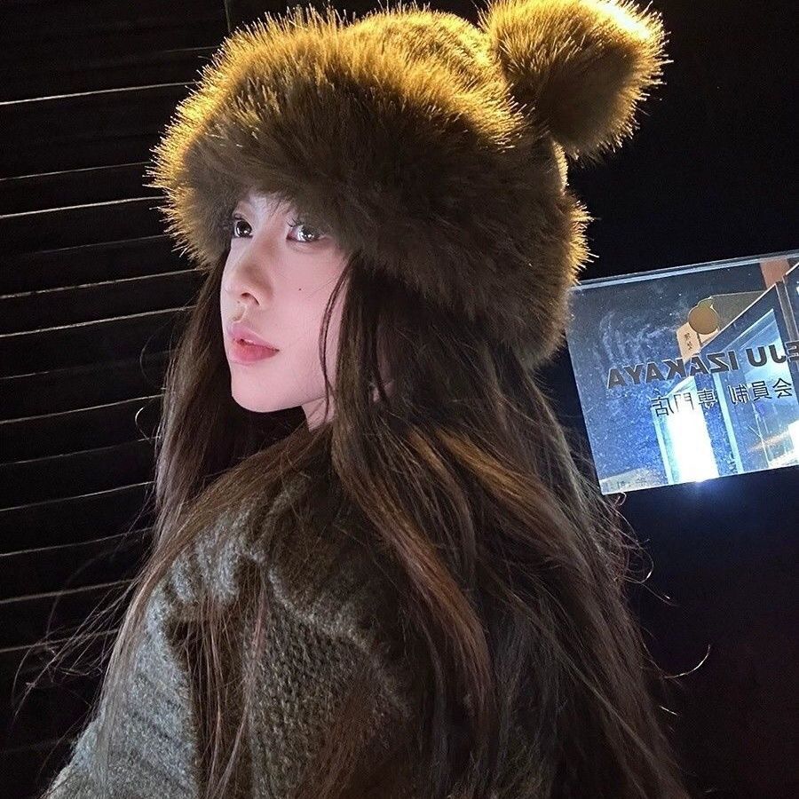Hairy bear ears leopard print plush Mongolian hat women's autumn and winter imitation fur thickened thermal basin hat fisherman hat