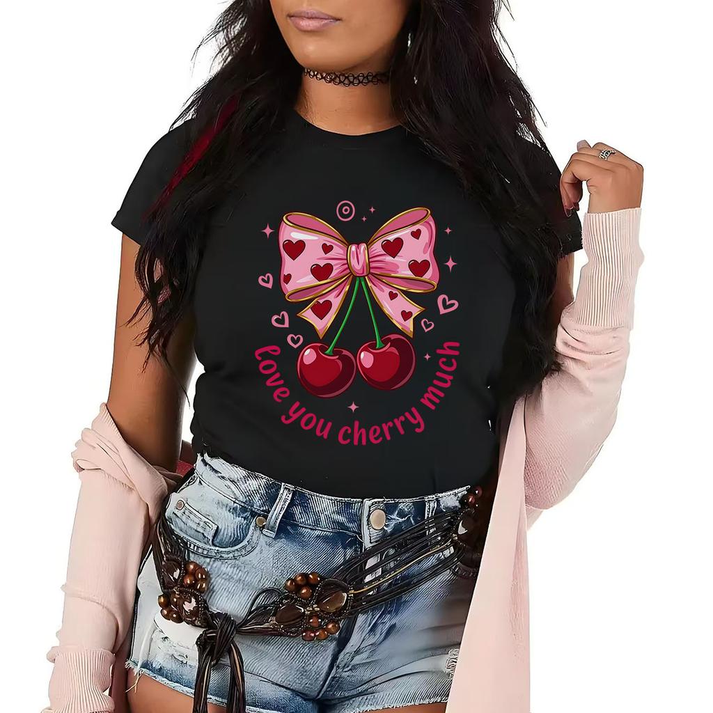 Fashionable and cute bow cherry cartoon print pattern daily Tshirt short sleeved round neck versatile Womens Tshirt