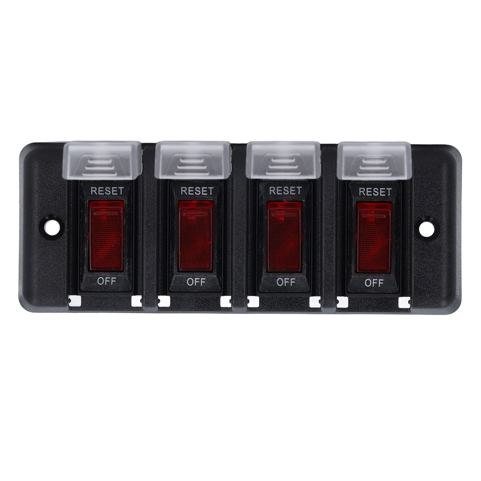 

Панель тумблеров 4 группы Водонепроницаемая 4 красных светодиода Защита от перегрузки Панель управления переключателями DC12V 16A