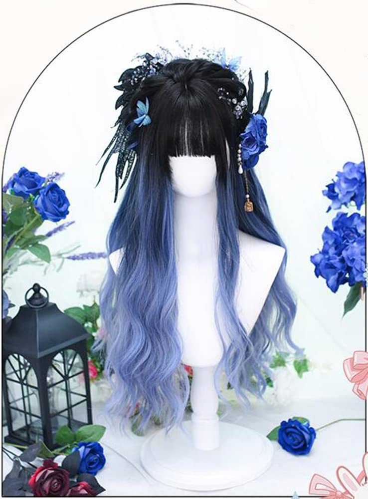 Lolita Wig, GAL Style, Semi-long Wig, Perm, Harajuku Style, Dreamy, Dark, Cute, Cosplay, Party, Lolita Style, Everyday Wig, Black, Blue, Gradient Wig