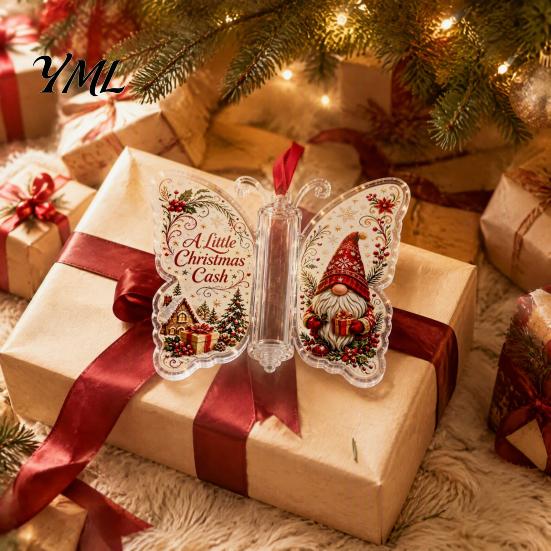 Acrylic Hanging Money Capsule Christmas Holder Ornament, Cash Decor with Vintage Tree Decoration Slot Butterfly Print, Holiday Party Supplies