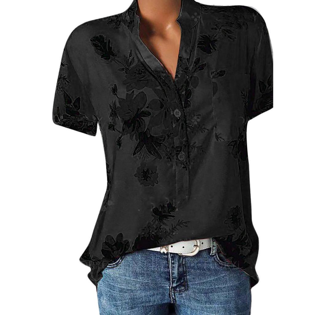 Women's Fashion Printed V-neck Short Sleeve Blouse, 10 Colors 8 Sizes Available Casual Summer Top