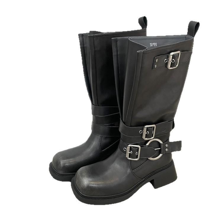 Retro Style Polished Square-Headed Knight Boots Women'S Spring Versatile But Knee-High Boots Slim Casual Boots