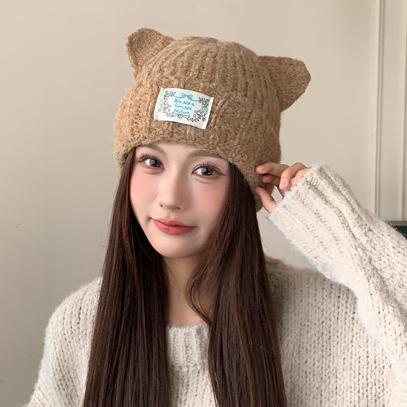Autumn and Winter Warm Cat Ear Woolen Hat for Women Japanese Style Cute Thickened Windproof Pullover Hat Japanese Style Casual Ear Protection Hat