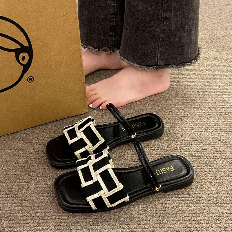 

Square head plaid two wear cool slippers women wear summer new open-toed flat bottom simple beach sandals 40 чёрный