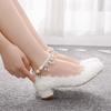 Female Fashion Wedding Shoes Bridesmaid Banquet White Lace Flower Pearl Round Toe Square High Heels Women's Bridal Pumps