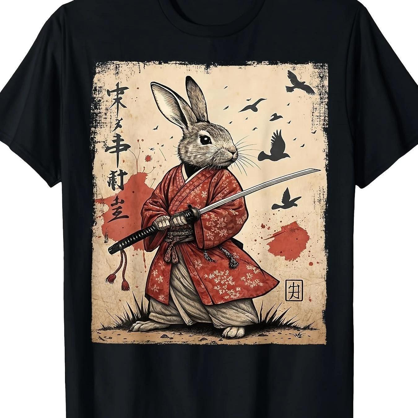 Samurai Rabbit Japanese Anime Graphic T-Shirt Retro Manga Streetwear Tee XXXL