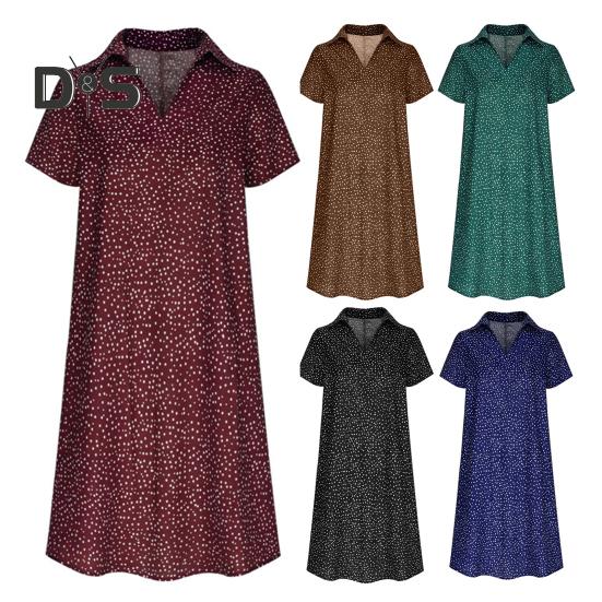 Summer Dress Dot Printing Short Sleeves Loose A-line Shirt Dress V Neck Knee Length Midi Dress for Dating Travel Vacation