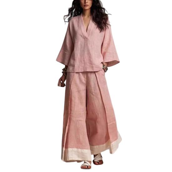 

2 Piece Set for Women 3/4 Sleeve V Neck Top And Color Block Wide Leg Pants Matching Set Casual Vacation Summer Lounge Outfits XXL