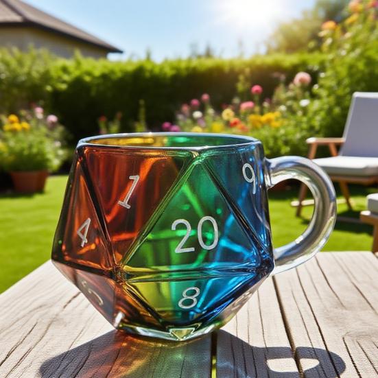 Rainbow Dice Mug Glass Tea Cup Multicolor Funny Coffee Cup Fantasy Themed Home Decor Gift for Dice Lovers