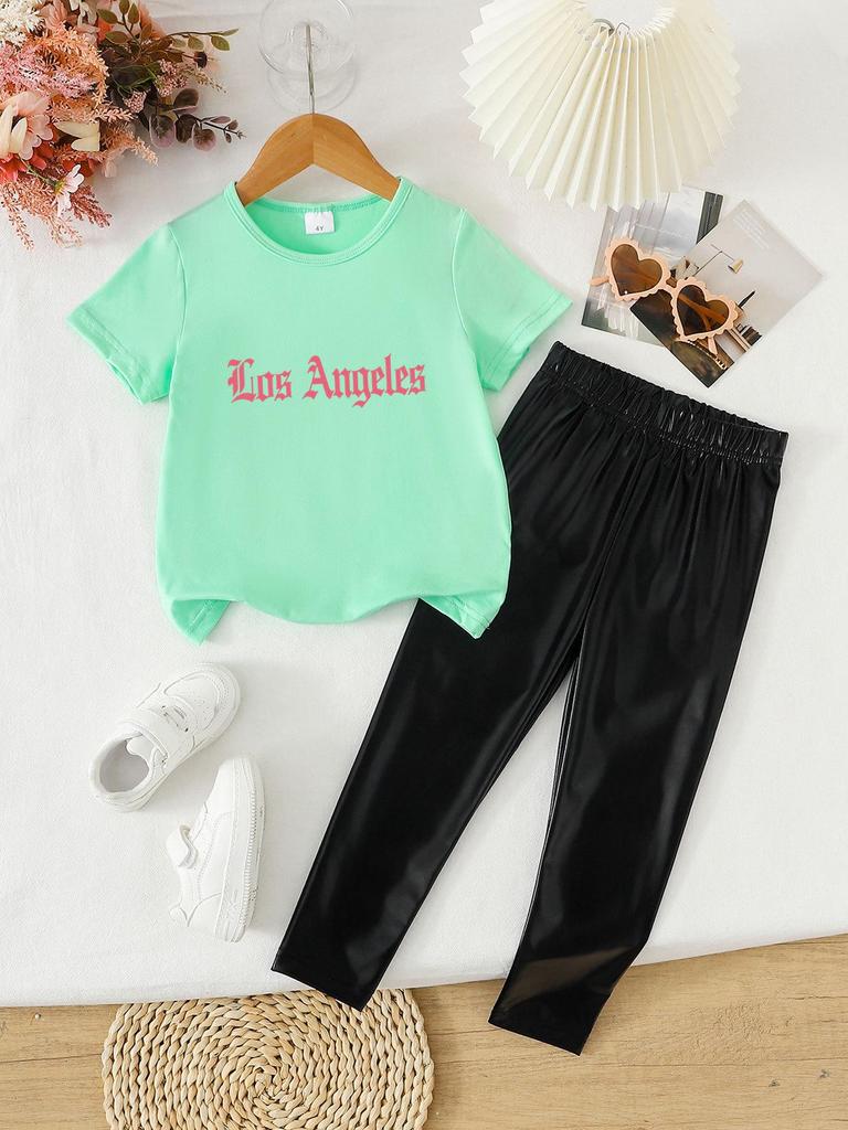 Summer Girls' Fashionable Two-Piece Clothing Set: Short Sleeve Top & Printed Long Pants