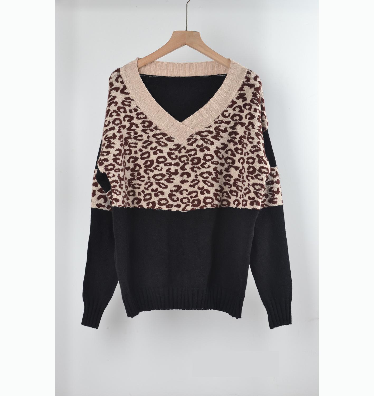 

Осенне-зимний V-образный вырез с леопардовым принтом, вышитый принт, женский свитер больших размеров, трикотаж, удобная женская одежда XL чёрный