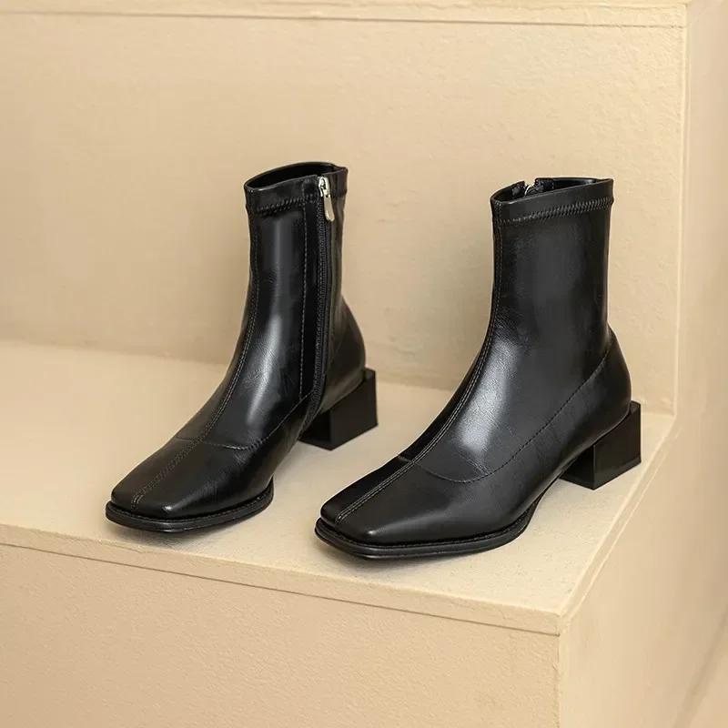 Damen Stiefeletten mit quadratischer Zehenpartie, Flock-Stretch-Schuhe, dünne, mittelhohe Absätze, Schwarz/Braun/Beige, Reißverschluss hinten, Sockenstiefel, Damengröße 34–40